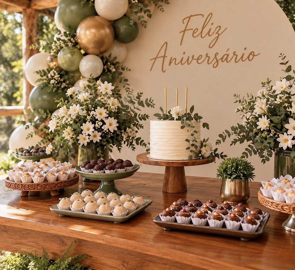 Mesa de doces com painel Feliz Aniversário e balões