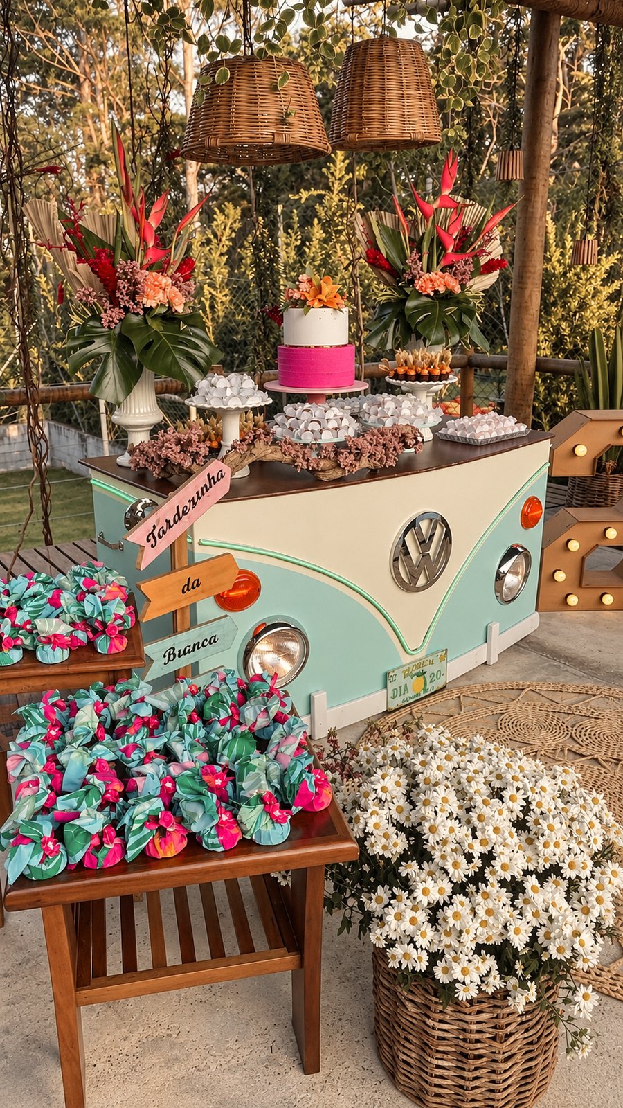 Kombi decorada com mesa de doces e lembrancinhas