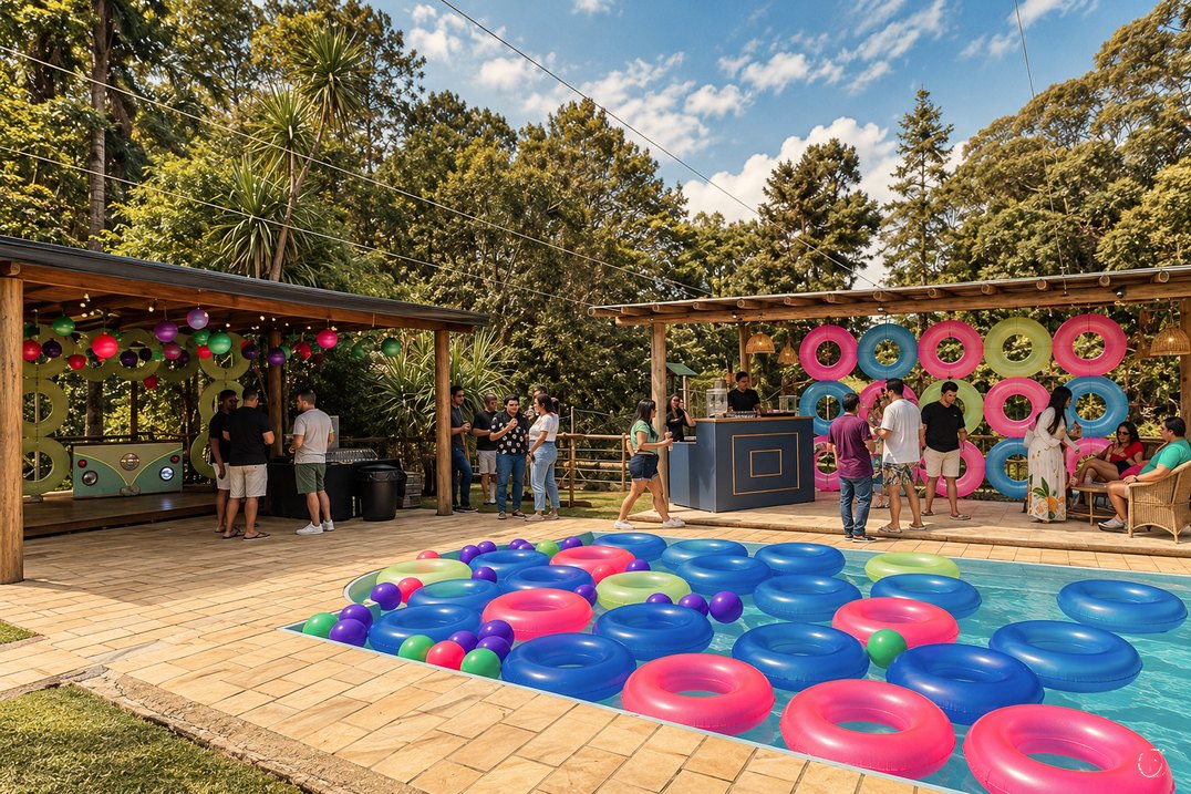 Piscina com boias coloridas e área de convidados