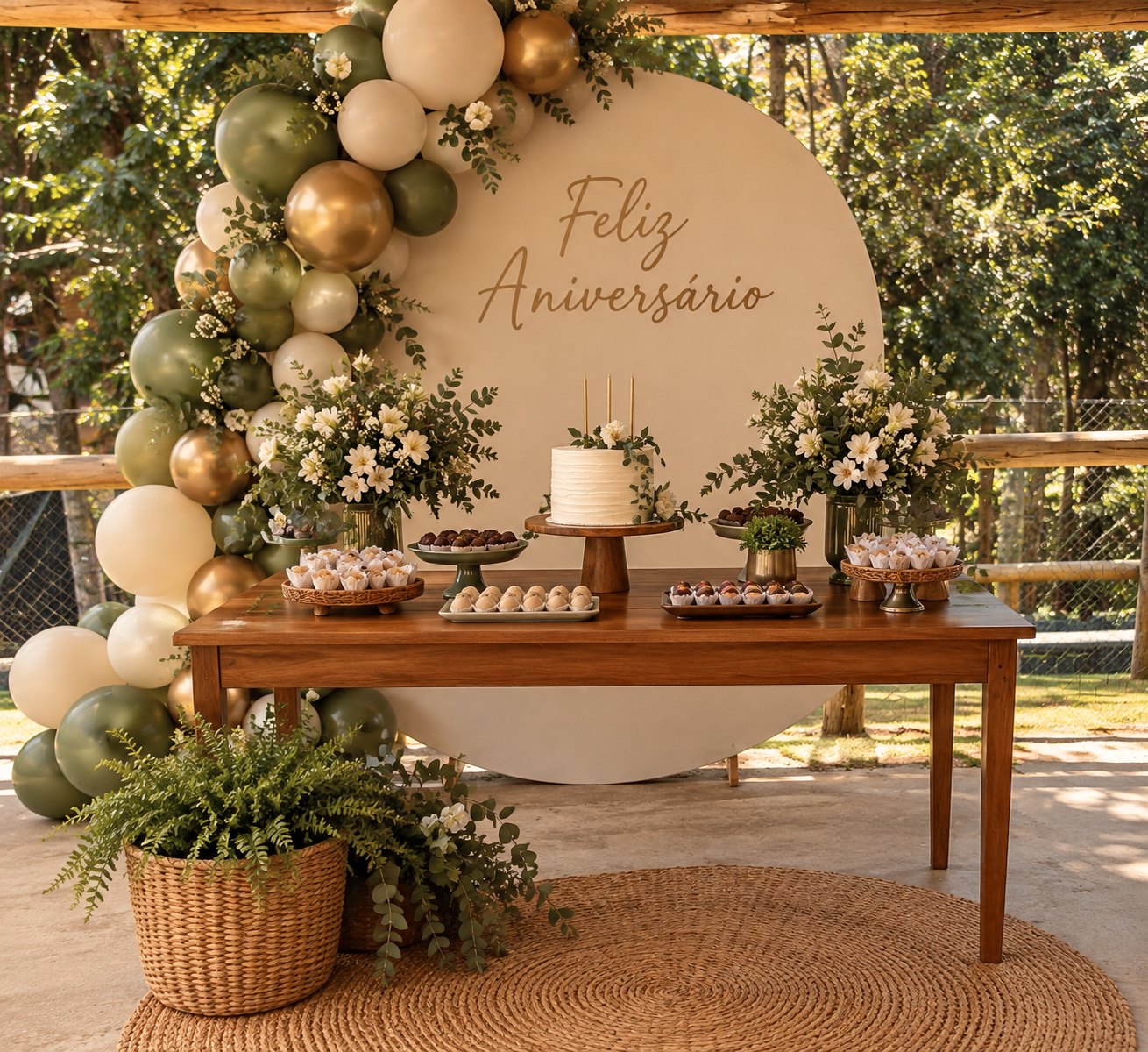 Mesa de doces com painel redondo, bolo e balões em tons verdes e dourados