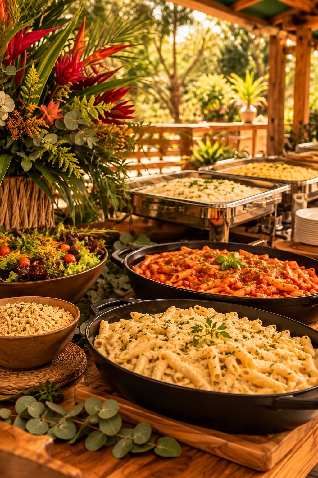 Buffet de carnes e massas com penne, fettuccine e acompanhamentos
