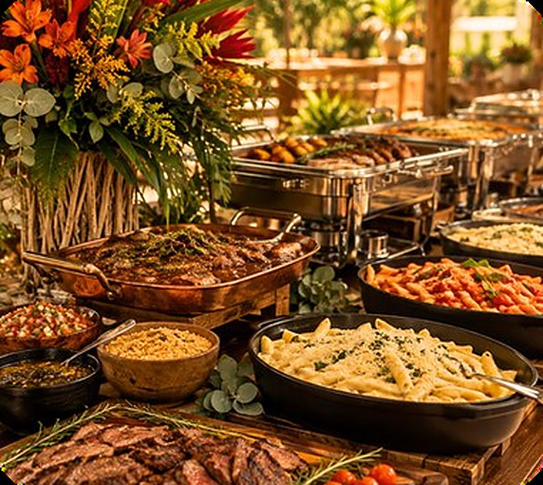 Buffet de carnes e massas standard com frango e penne