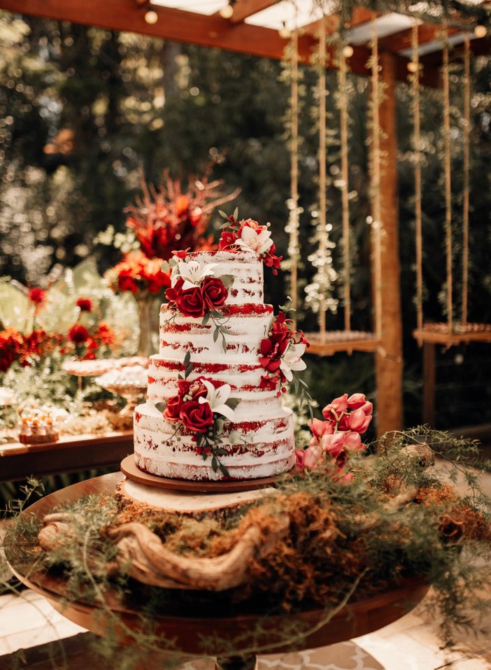 Bolo de casamento decorado com rosas vermelhas