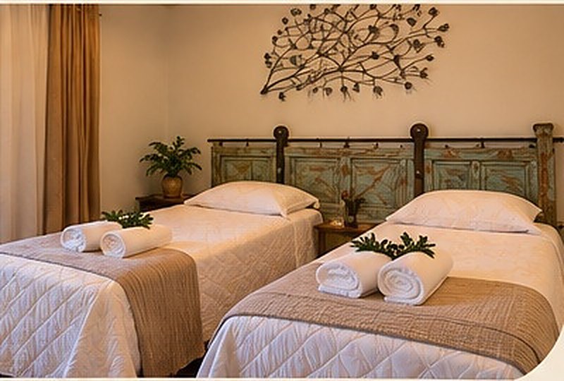 Quarto com duas camas, toalhas dobradas e cabeceira entalhada