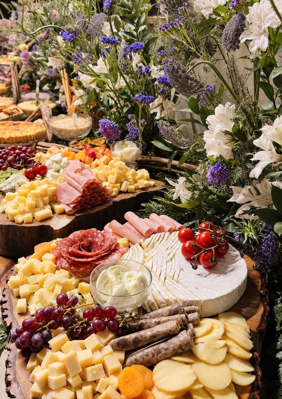 Mesa de antepastos com queijos, frios e frutas