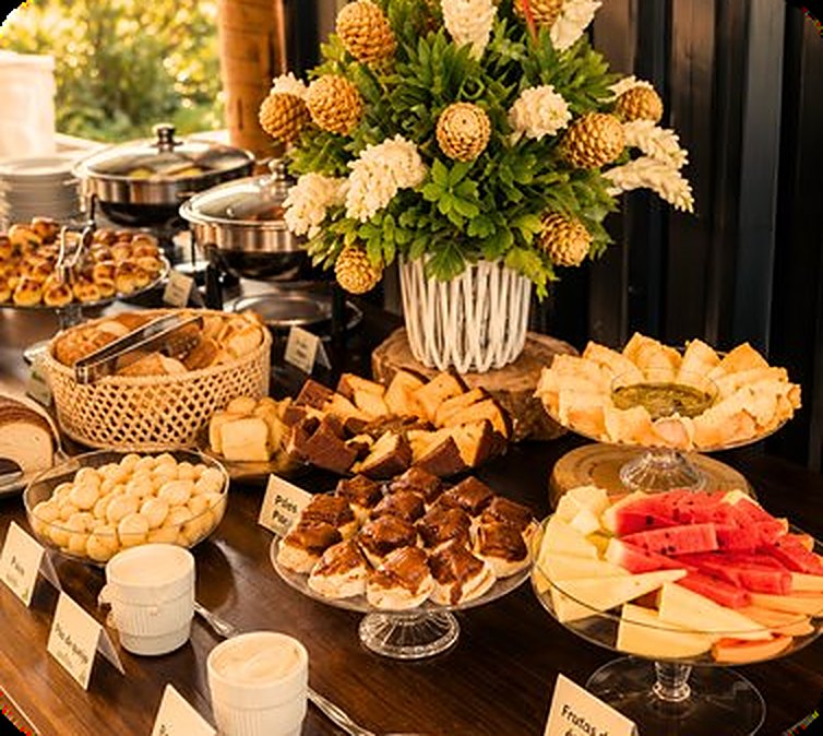 Mesa de café da manhã com pães, bolos e frutas