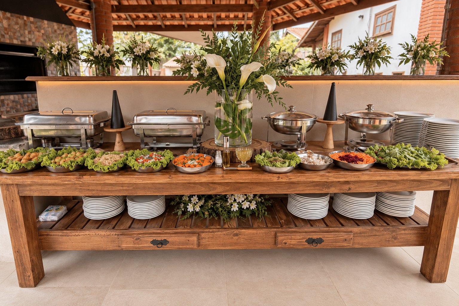 Buffet com arranjo alto de água
