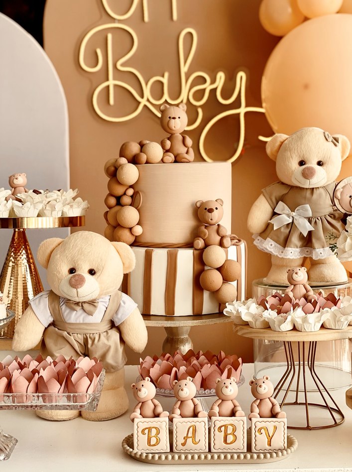 Painel Oh Baby com ursinhos, bolo e doces