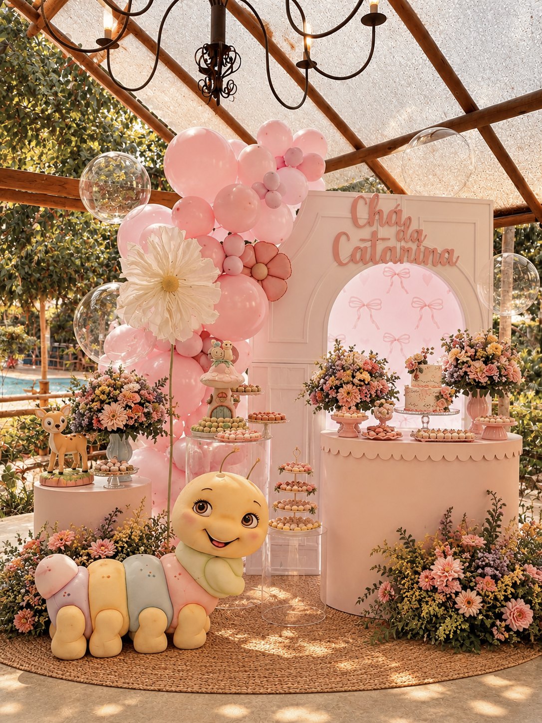 Painel de balões rosa com mesa de doces e lagarta decorativa