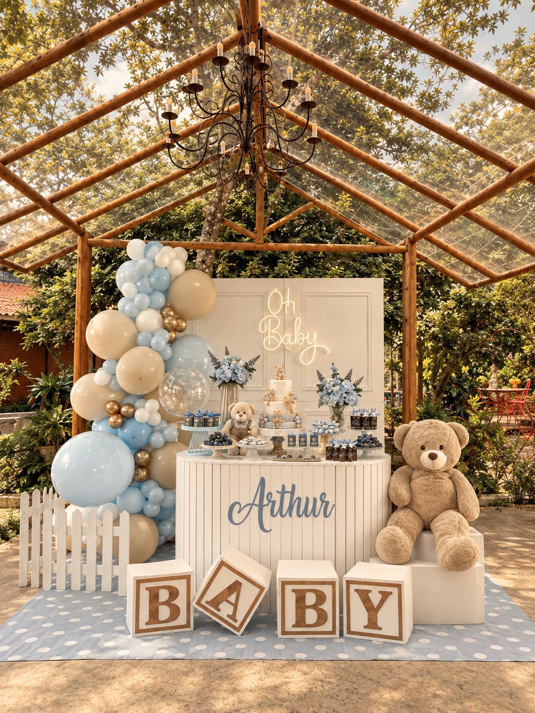 Mesa de doces com painel BABY, balões azuis e ursinho