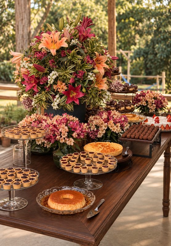 Mesa de doces decorada com flores