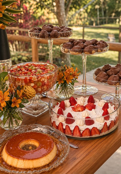 Mesa de doces com tortas e pudim