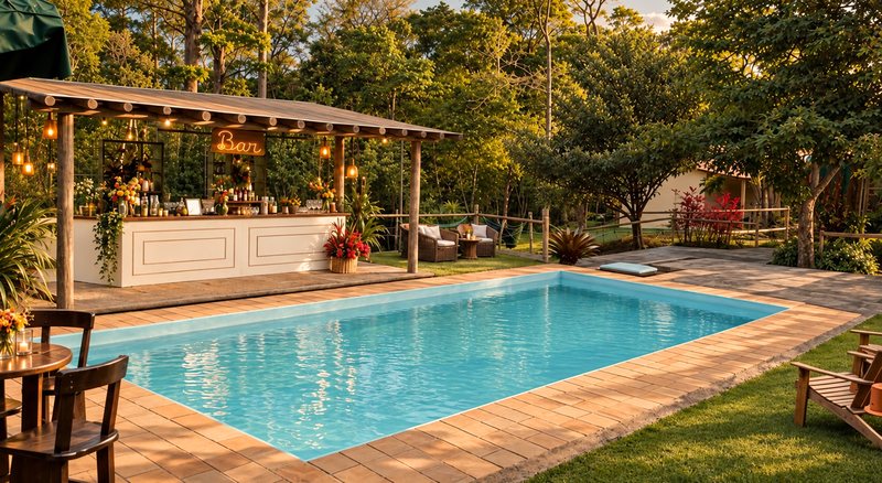 Piscina com deck e pergolado